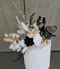 Load image into Gallery viewer, Gold, white  &amp; black Everlasting flowers cake topper
