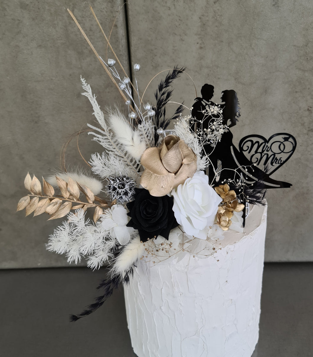 Gold, white  & black Everlasting flowers cake topper