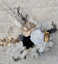 Load image into Gallery viewer, Gold, white  &amp; black Everlasting flowers cake topper
