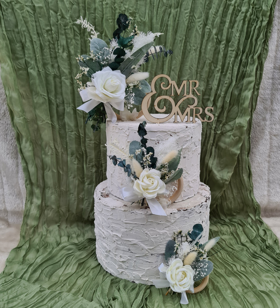 Everlasting flowers - triple cake toppers / rings - neutral & green incl Mr & Mrs sign