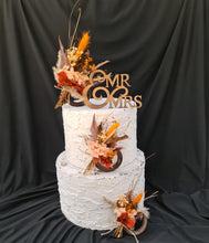 Load image into Gallery viewer, Preserved flowers - triple cake toppers / rings - rustic orange incl Mr &amp; Mrs sign
