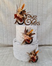 Load image into Gallery viewer, Preserved flowers - triple cake toppers / rings - rustic orange incl Mr &amp; Mrs sign
