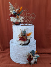 Load image into Gallery viewer, Preserved flowers - triple cake toppers / rings - rustic orange &amp; green incl Mr &amp; Mrs sign
