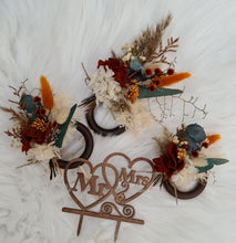 Load image into Gallery viewer, Preserved flowers - triple cake toppers / rings - rustic orange &amp; green incl Mr &amp; Mrs sign
