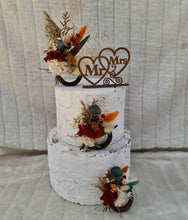 Load image into Gallery viewer, Preserved flowers - triple cake toppers / rings - rustic orange &amp; green incl Mr &amp; Mrs sign
