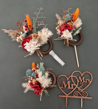 Load image into Gallery viewer, Preserved flowers - triple cake toppers / rings - rustic orange &amp; green incl Mr &amp; Mrs sign
