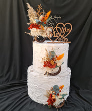 Load image into Gallery viewer, Preserved flowers - triple cake toppers / rings - rustic orange &amp; green incl Mr &amp; Mrs sign
