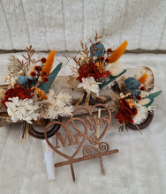 Load image into Gallery viewer, Preserved flowers - triple cake toppers / rings - rustic orange &amp; green incl Mr &amp; Mrs sign
