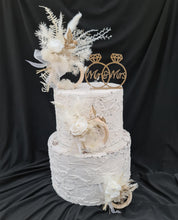 Load image into Gallery viewer, Preserved flowers - triple cake toppers / rings - White &amp; gold w roses incl Mr &amp; Mrs sign
