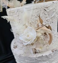 Load image into Gallery viewer, Preserved flowers - triple cake toppers / rings - White &amp; gold w roses incl Mr &amp; Mrs sign
