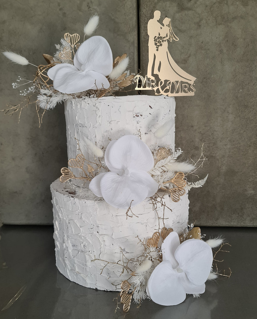 Everlasting flowers - white orchid triple cake toppers / white & gold incl Mr & Mrs sign