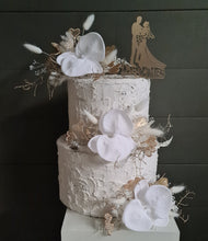 Load image into Gallery viewer, Everlasting flowers - white orchid triple cake toppers / white &amp; gold incl Mr &amp; Mrs sign
