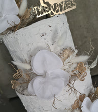 Load image into Gallery viewer, Everlasting flowers - white orchid triple cake toppers / white &amp; gold incl Mr &amp; Mrs sign
