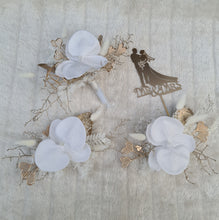 Load image into Gallery viewer, Everlasting flowers - white orchid triple cake toppers / white &amp; gold incl Mr &amp; Mrs sign
