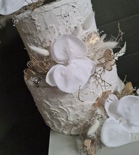 Load image into Gallery viewer, Everlasting flowers - white orchid triple cake toppers / white &amp; gold incl Mr &amp; Mrs sign
