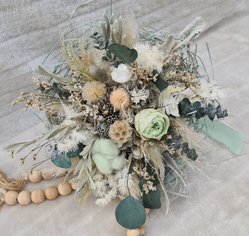 Unique sage green / green preserved everlasting flowers bridal bouquet & buttonhole – Elopement Set