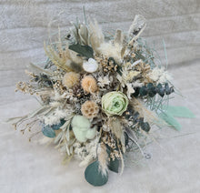 Load image into Gallery viewer, Unique sage green / green preserved everlasting flowers bridal bouquet &amp; buttonhole – Elopement Set
