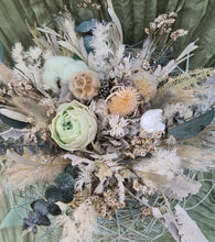 Load image into Gallery viewer, Unique sage green / green preserved everlasting flowers bridal bouquet &amp; buttonhole – Elopement Set
