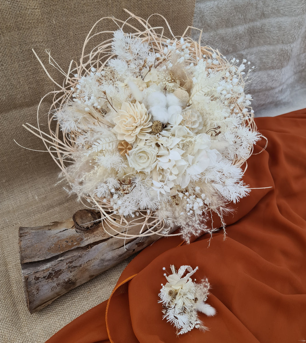 Boho Neutral Everlasting flowers Bridal bouquet & buttonhole - Elopement Set