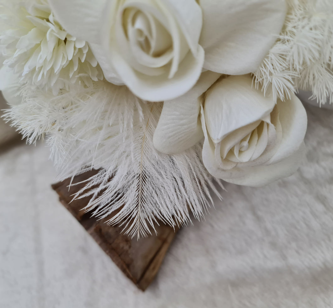 Milky white bridal bouquet & buttonhole with white feathers - Elopement set