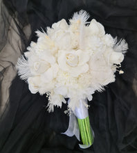 Load image into Gallery viewer, Milky white bridal bouquet &amp; buttonhole with white feathers - Elopement set
