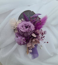 Load image into Gallery viewer, Groom&#39;s mini preserved peony buttonhole - dusty purple - wedding
