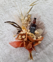 Load image into Gallery viewer, Preserved flowers Rustic style buttonhole with Jack Daniels whiskey bottle
