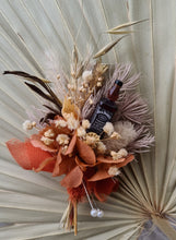 Load image into Gallery viewer, Preserved flowers Rustic style buttonhole with Jack Daniels whiskey bottle
