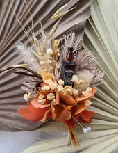 Load image into Gallery viewer, Preserved flowers Rustic style buttonhole with Jack Daniels whiskey bottle
