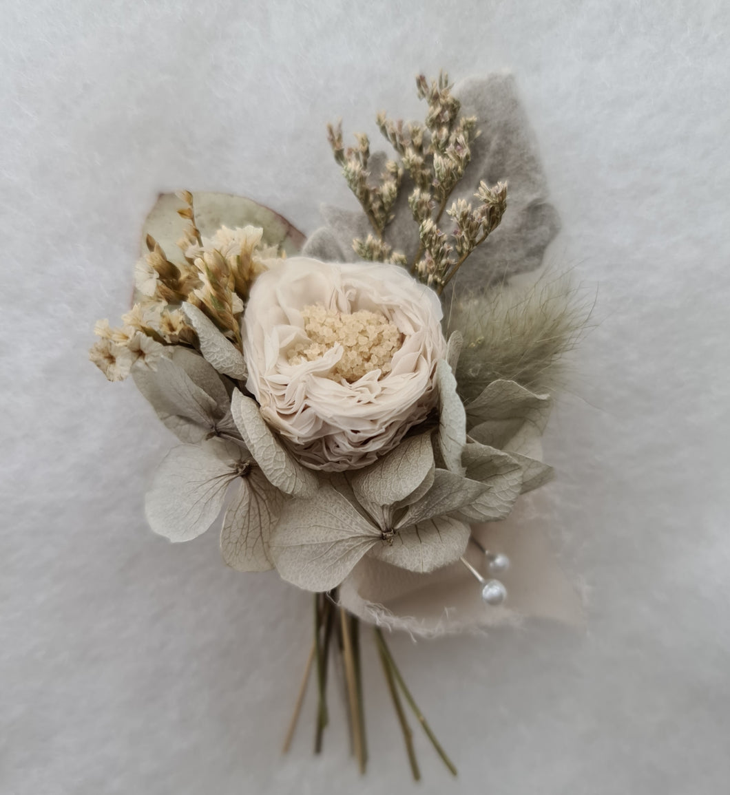 Groom's mini preserved peony buttonhole - olive, sage green - wedding