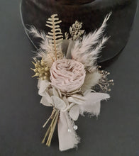 Load image into Gallery viewer, Groom&#39;s mini preserved peony buttonhole - sage green, olive neutral - wedding
