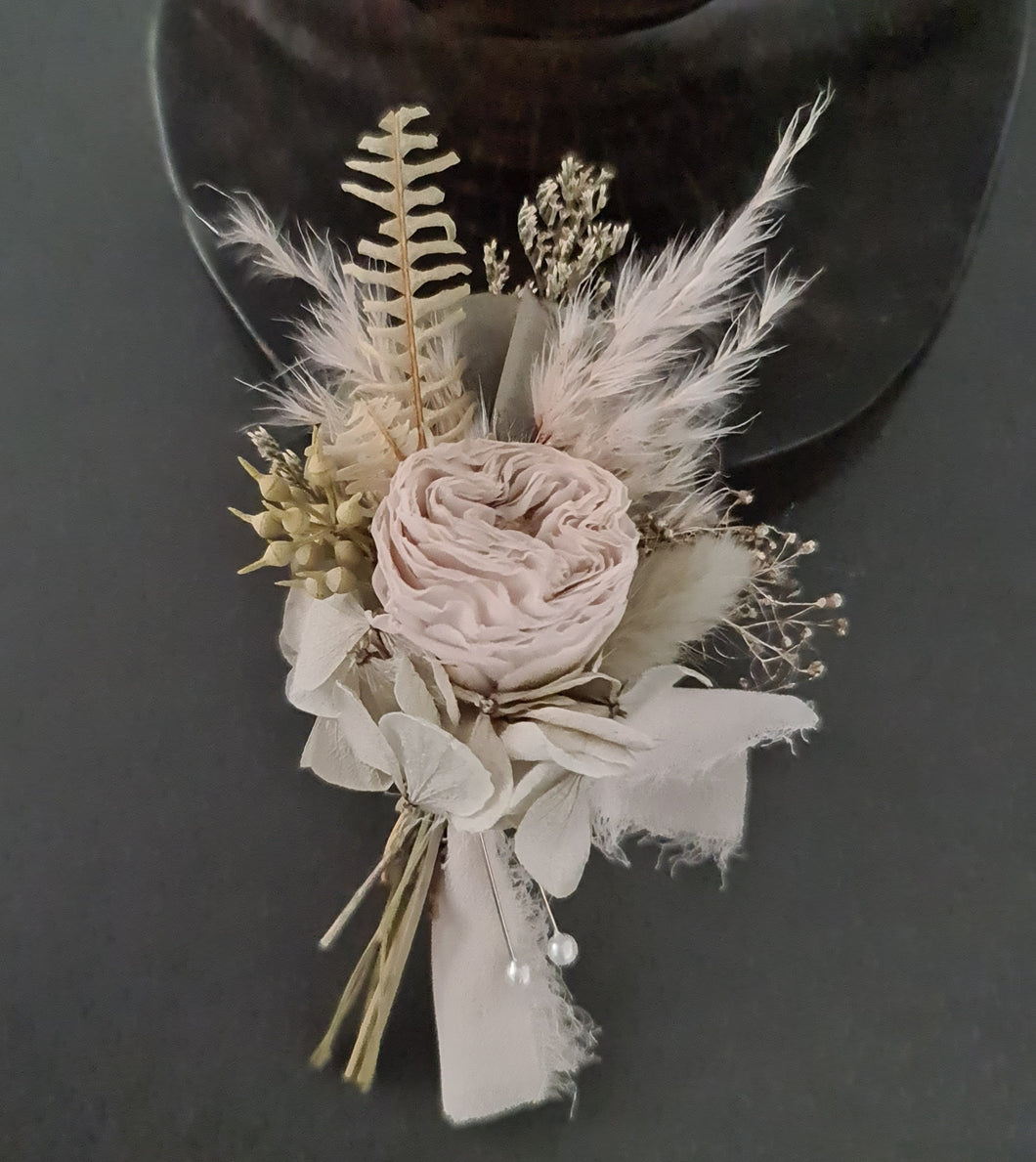 Groom's mini preserved peony buttonhole - sage green, olive neutral - wedding