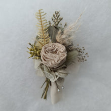 Load image into Gallery viewer, Groom&#39;s mini preserved peony buttonhole - sage green, olive neutral - wedding
