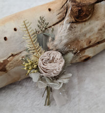 Load image into Gallery viewer, Groom&#39;s mini preserved peony buttonhole - sage green, olive neutral - wedding
