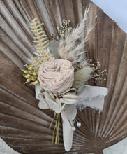 Load image into Gallery viewer, Groom&#39;s mini preserved peony buttonhole - sage green, olive neutral - wedding
