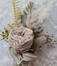 Load image into Gallery viewer, Groom&#39;s mini preserved peony buttonhole - sage green, olive neutral - wedding
