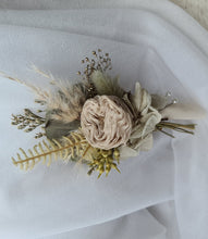 Load image into Gallery viewer, Groom&#39;s mini preserved peony buttonhole - sage green, olive neutral - wedding
