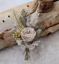 Load image into Gallery viewer, Groom&#39;s mini preserved peony buttonhole - sage green, olive neutral - wedding
