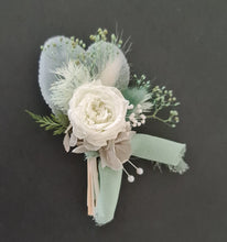 Load image into Gallery viewer, Groom&#39;s mini preserved peony buttonhole - soft green - wedding
