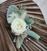 Load image into Gallery viewer, Groom&#39;s mini preserved peony buttonhole - soft green - wedding
