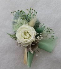 Load image into Gallery viewer, Groom&#39;s mini preserved peony buttonhole - soft green - wedding
