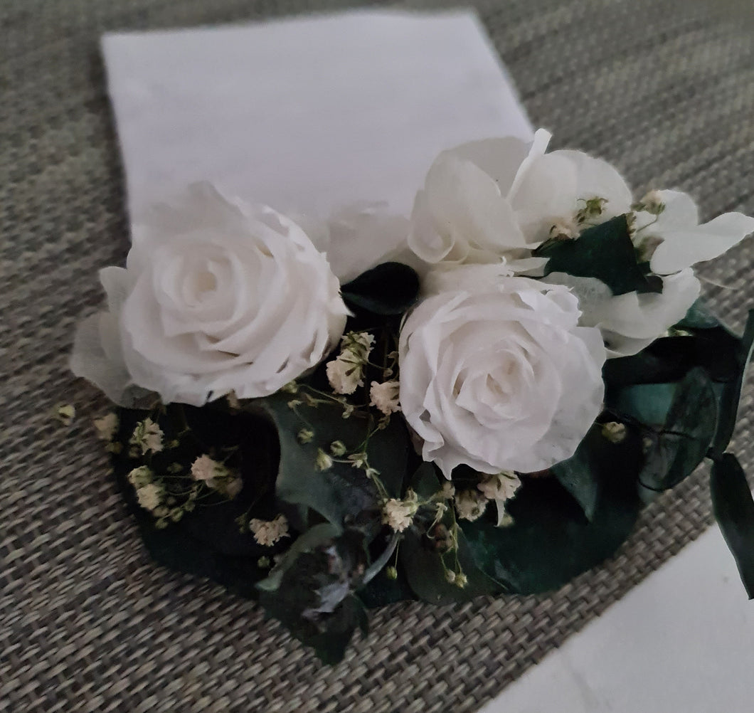 Everlasting Groom's pocket flowers w mini preserved roses - dark green & white