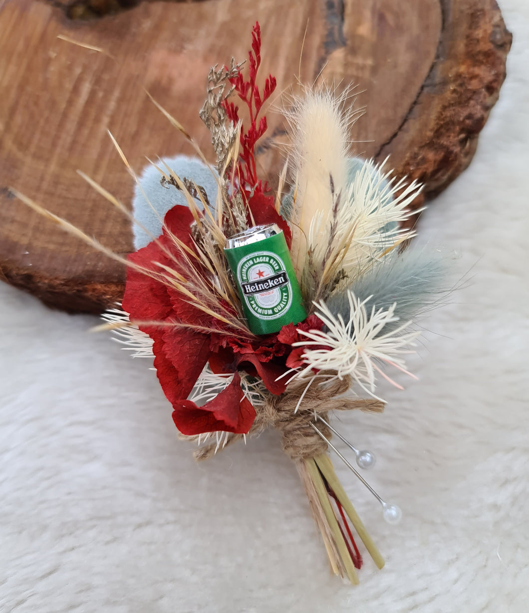 Preserved flowers fancy buttonhole with Heineken beer can – Groom, groomsmen, school formal