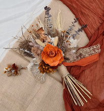 Load image into Gallery viewer, Everlasting flowers rustic deep orange rose rusty hydrangeas Elopement set - Bridal bouquet and buttonhole
