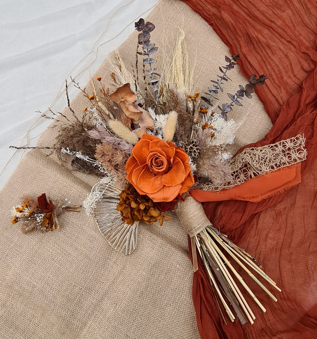 Everlasting flowers rustic deep orange rose rusty hydrangeas Elopement set - Bridal bouquet and buttonhole