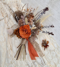 Load image into Gallery viewer, Everlasting flowers rustic deep orange rose rusty hydrangeas Elopement set - Bridal bouquet and buttonhole
