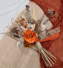 Load image into Gallery viewer, Everlasting flowers rustic deep orange rose rusty hydrangeas Elopement set - Bridal bouquet and buttonhole
