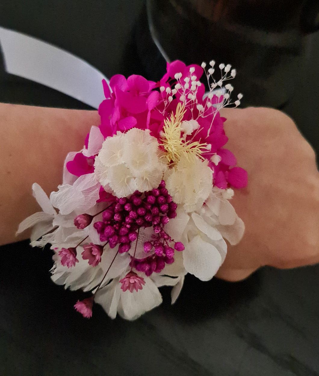 Fully preserved corsage in fuchsia, white & lemon colour