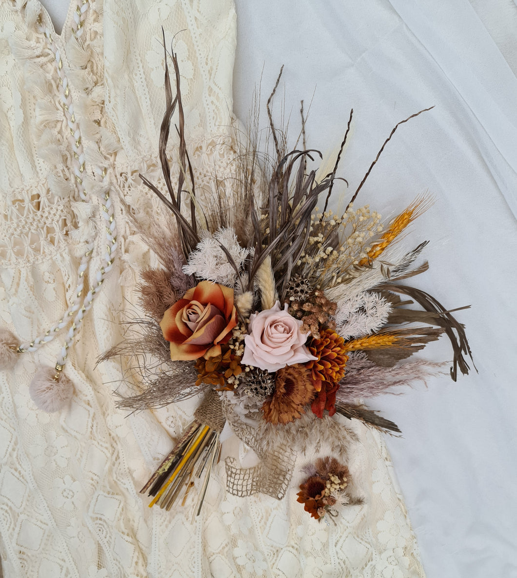 Everlasting flowers rustic orange & blush Elopement set - Bridal bouquet and buttonhole