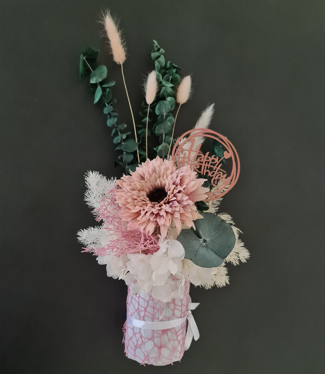 Blush pink, green & neutral flowers in pot w Happy Birthday tag